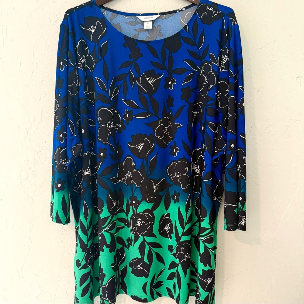 CJ Banks-Plus-Blue Green Black Floral-3/4 Sleeve-Stretchy Blouse-Size 3X-EUC